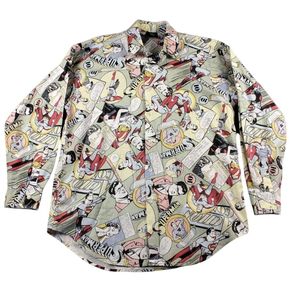 Vintage DC Comics Superman AOP Button Up Shirt‎ Mens M Hong Kong Cotton